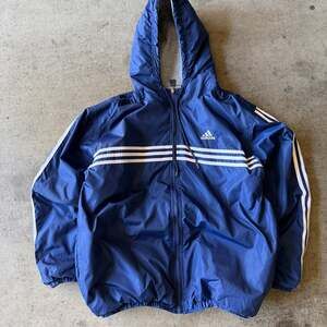 Vintage 90s Adidas Reversible Hooded Jacket Navy Blue and Grey